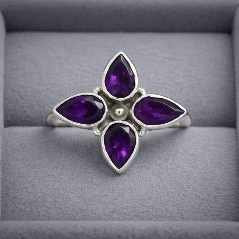 Natural Gemstone Faceted Teardrop Dark Amethyst Floral Petal Ring NWOT 7 #494